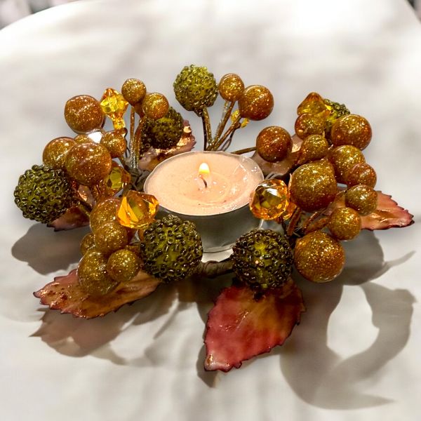 El Yapımı Kristal İşlemeli Bakır ve Altın Renk Detaylı Mumluk Masa Dekoru (13 cm)