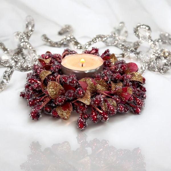 El Yapımı Kristal İşlemeli Kırmızı ve Amber Renk Detaylı Mumluk Masa Dekoru (13 cm)