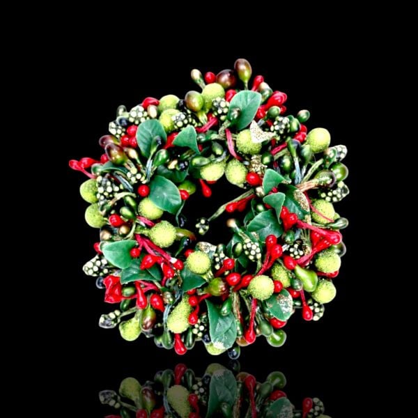 El Yapımı Kristal İşlemeli Yeşil ve Kırmızı Meyve Detaylı Mumluk Masa Dekoru (13 cm)