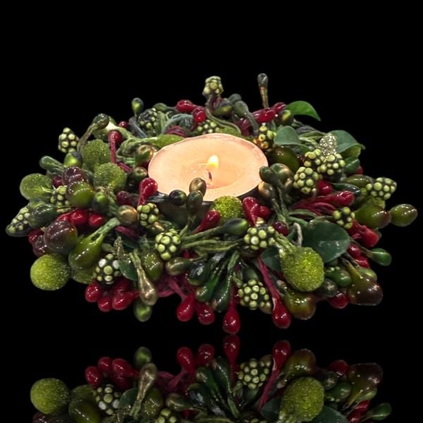 El Yapımı Kristal İşlemeli Yeşil ve Kırmızı Meyve Detaylı Mumluk Masa Dekoru (13 cm)