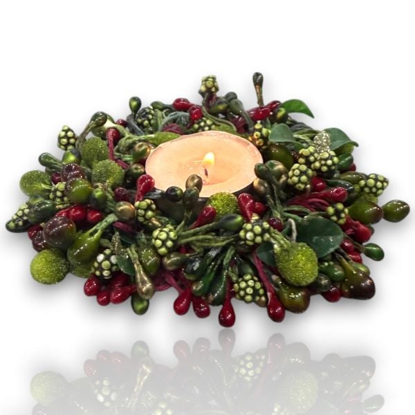 El Yapımı Kristal İşlemeli Yeşil ve Kırmızı Meyve Detaylı Mumluk Masa Dekoru (13 cm)