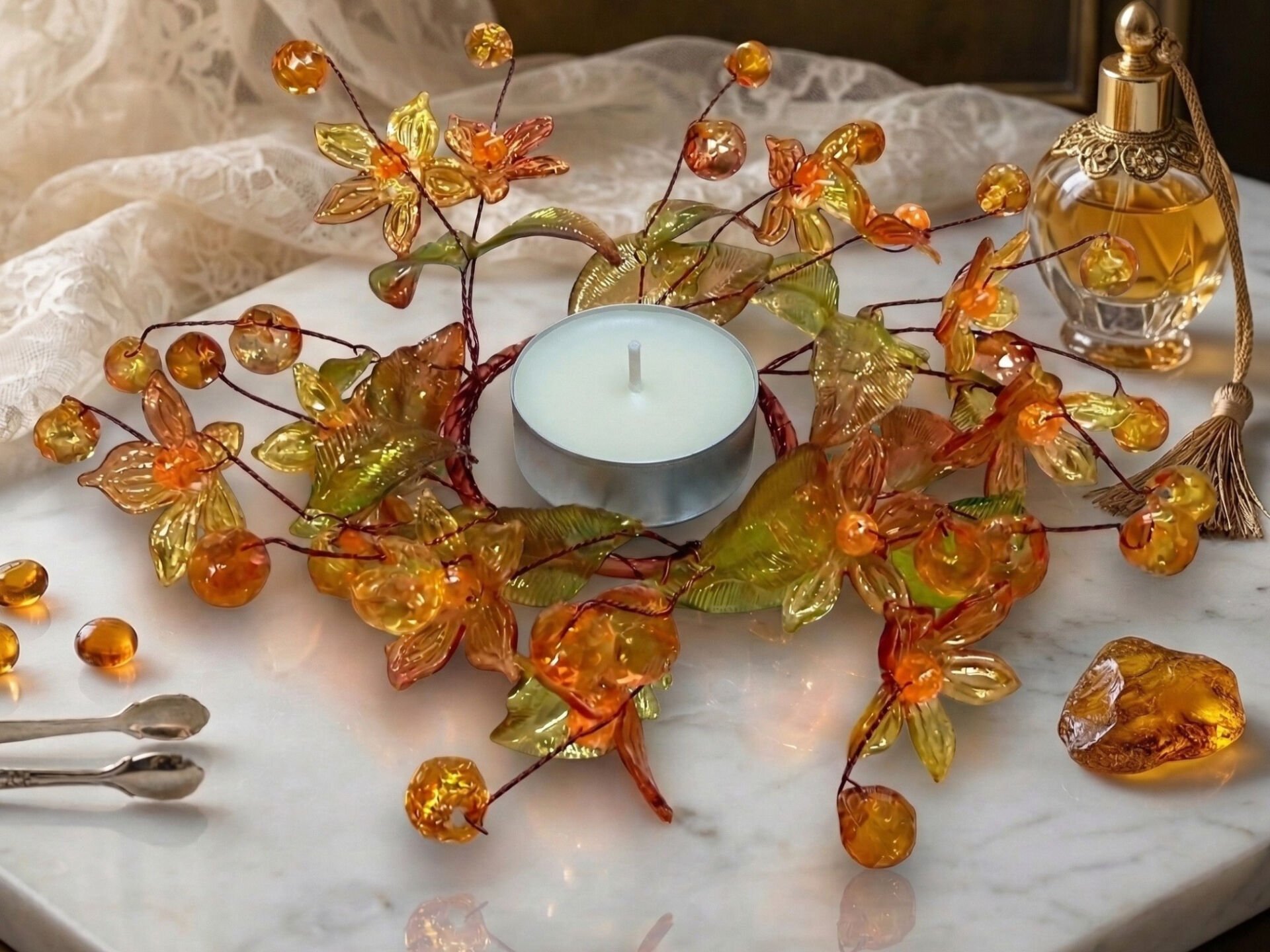 Kristal İşlemeli Turuncu Mumluk ve Masa Süsü (13 cm)