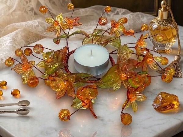 Kristal İşlemeli Turuncu Mumluk ve Masa Süsü (13 cm)