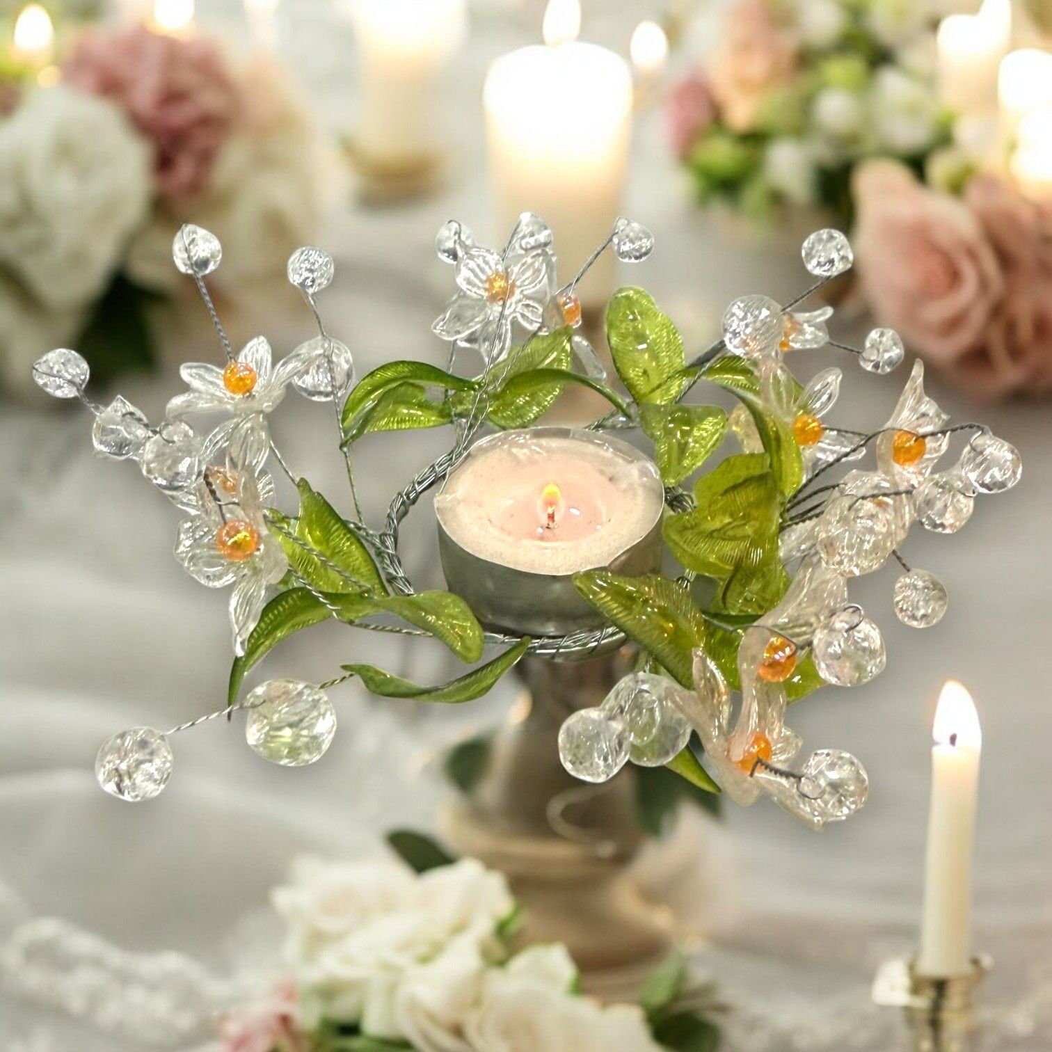 El Yapımı Kristal Çiçek Motifli Mumluk ve Masa Süsü (13 cm)