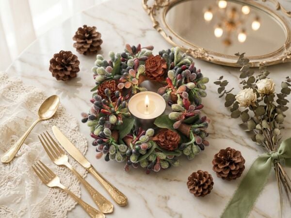 Kozalaklı ve Kırmızı Meyveli Dekoratif Mumluk Çelenk (13 cm)