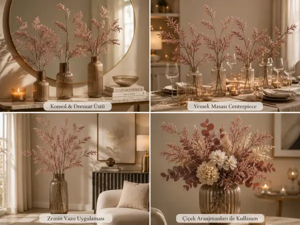 Yapay Çiçek Simli Yapraklı Dekoratif Dal 75 cm Rose Gold