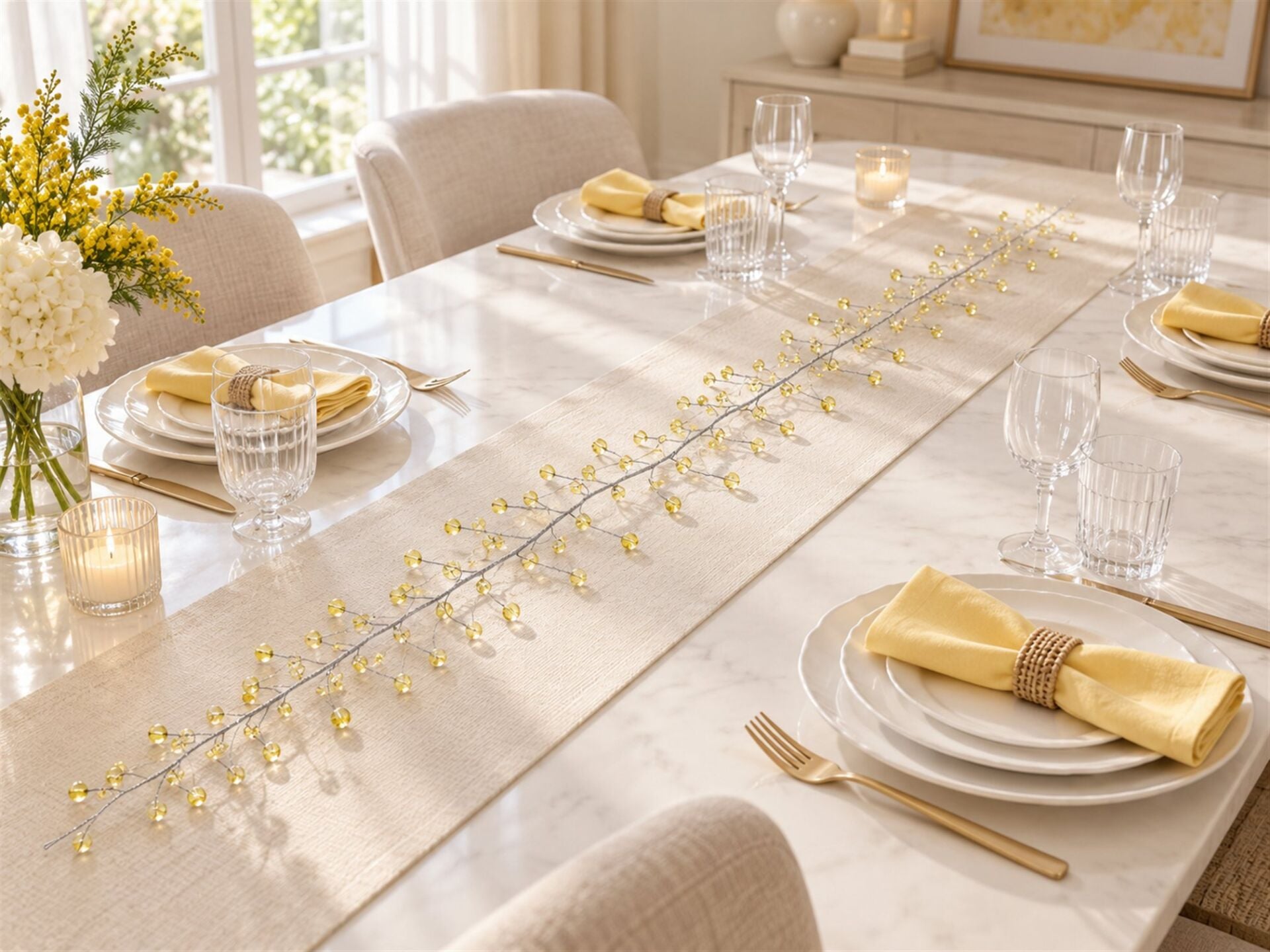 Sarı kristal görünümlü dal ile sarı temalı brunch ve davet masası uygulama canlandırması