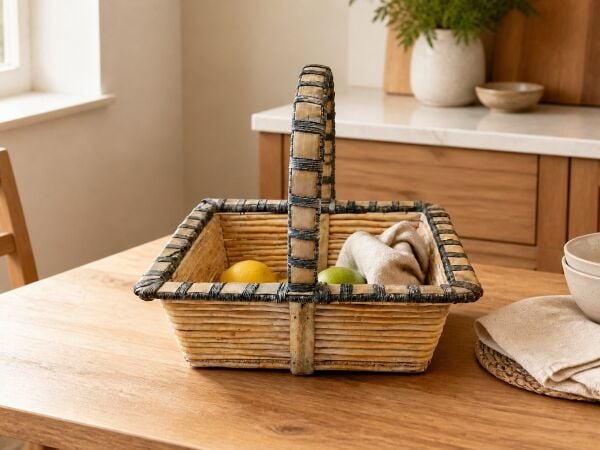 Hasır Sepet – Dikdörtgen Kulplu Mavi Detaylı 42 × 35 × 35 cm