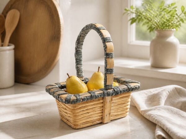 Hasır Sepet – Dikdörtgen Kulplu Mavi Detaylı 23 × 16 × 20 cm