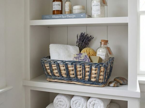 Mavi Detaylı Dikdörtgen Hasır Sepet 40x30x35 cm - Kulplu