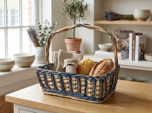 Mavi Detaylı Dikdörtgen Hasır Sepet 40x30x35 cm - Kulplu