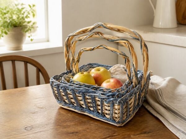 Hasır Sepet – Dikdörtgen Kulplu Mavi Detaylı 30 × 24 × 30 cm