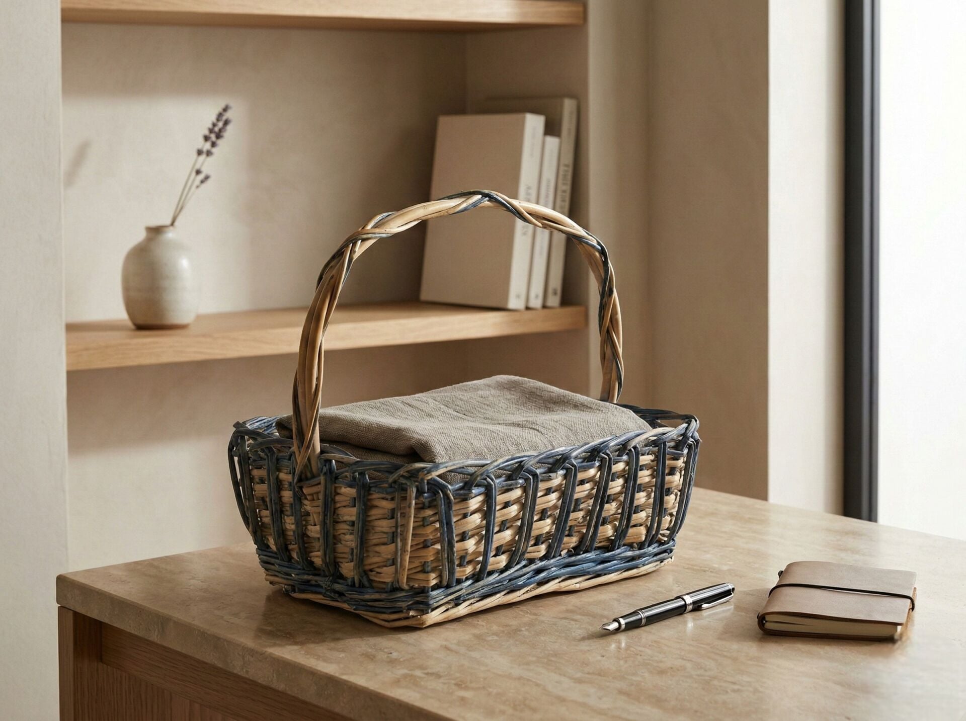 Hasır Sepet – Dikdörtgen Kulplu Mavi Detaylı 30 × 24 × 30 cm
