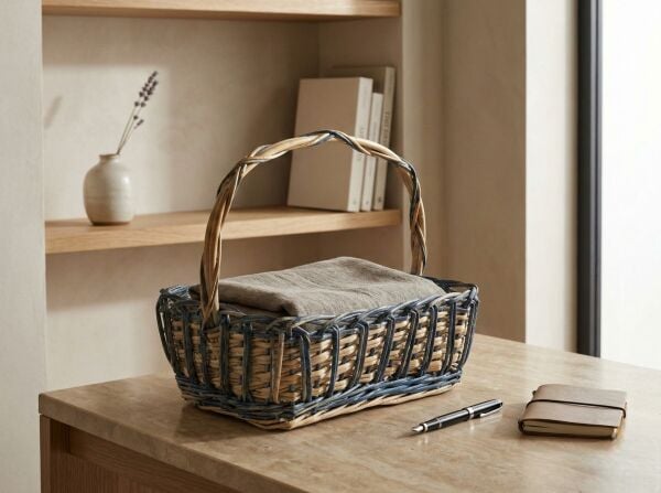 Mavi Detaylı Dikdörtgen Hasır Sepet 30x24x30 cm - Kulplu