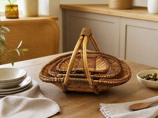 Hasır Sepet – Oval Tek Kulplu Sunum Sepeti 32 × 22 × 25 cm