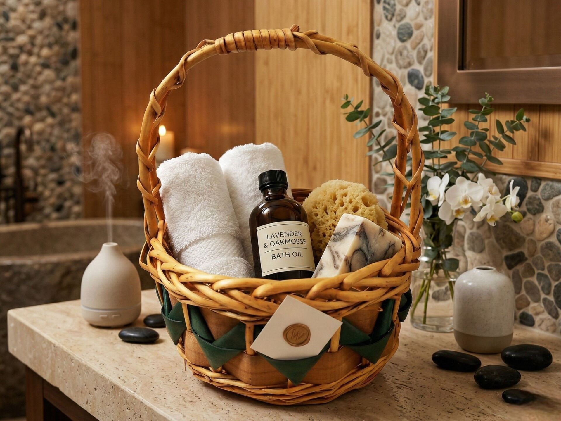 Yeşil Motifli El Örgüsü Kulplu Hasır Sepet 30x30x35cm