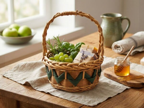 Yeşil Motifli El Örgüsü Kulplu Hasır Sepet 30x30x35cm