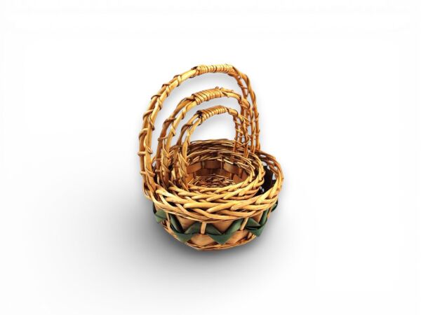 Yeşil Motifli El Örgüsü Kulplu Hasır Sepet 30x30x35cm