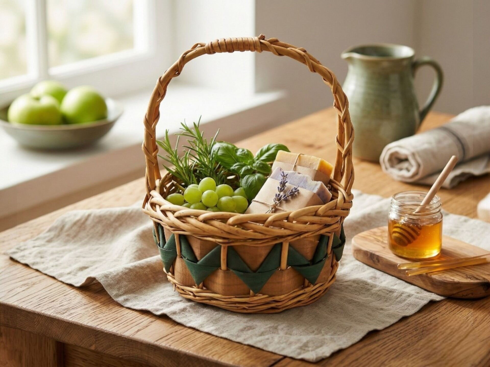 Yeşil Motifli El Örgüsü Kulplu Hasır Sepet 23x23x30cm