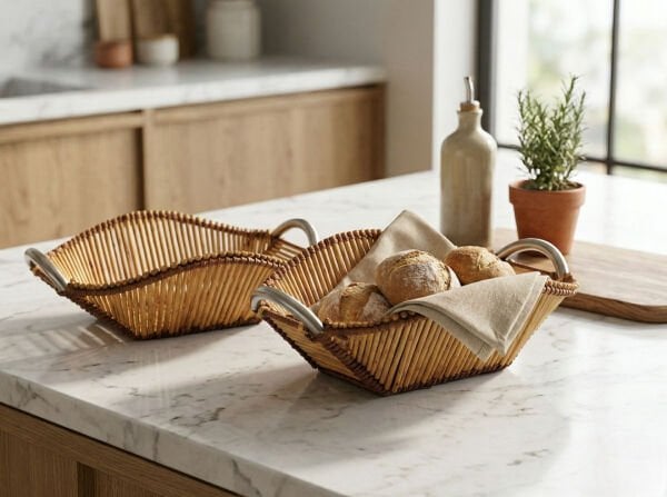 Dekoratif El Yapımı Metal Kulplu Hasır Sepet (49x34x18 cm)