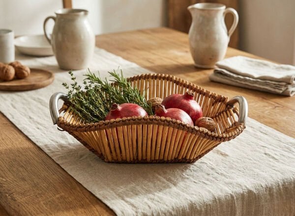 Dekoratif El Yapımı Metal Kulplu Hasır Sepet (49x34x18 cm)