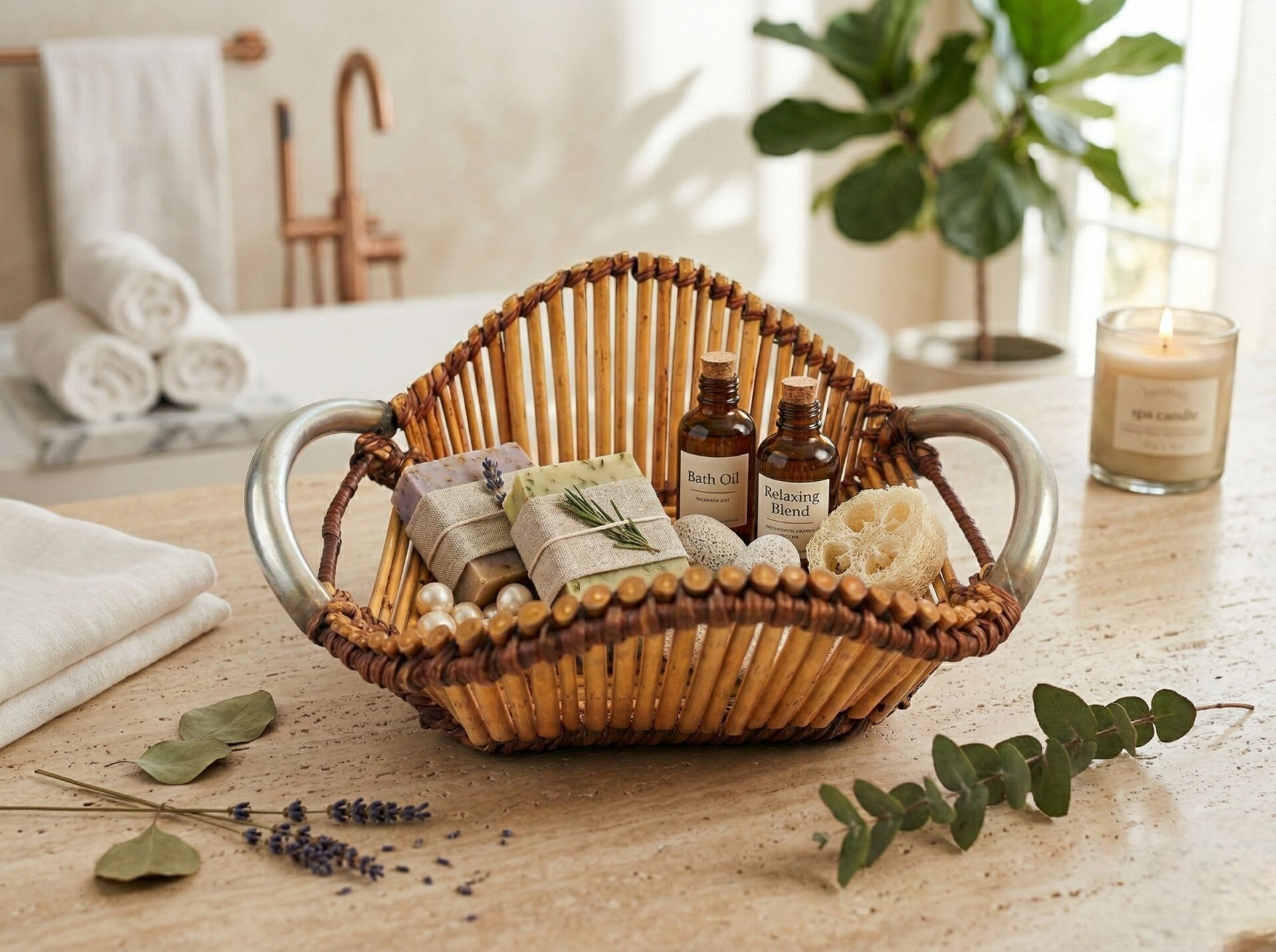 Dekoratif El Yapımı Metal Kulplu Hasır Sepet (28x20x13 cm)