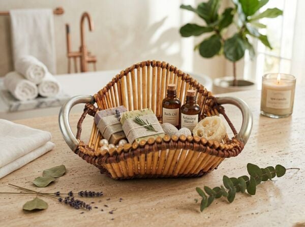 Dekoratif El Yapımı Metal Kulplu Hasır Sepet (28x20x13 cm)