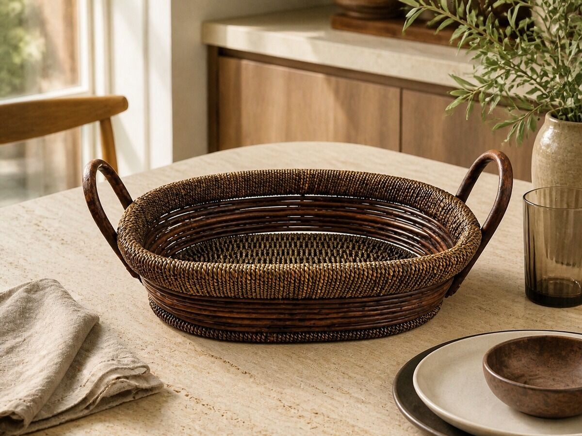 Hasır Sepet – Oval Çift Kulplu Tepsi 44 × 34 × 14 cm