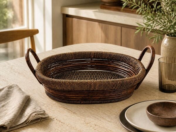Hasır Sepet – Oval Çift Kulplu Tepsi 44 × 34 × 14 cm