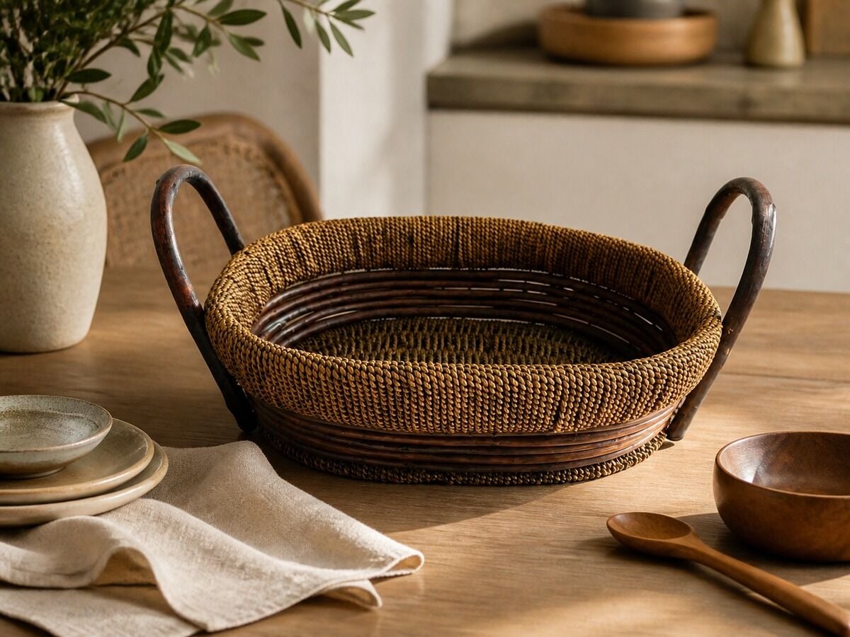 Hasır Sepet – Oval Çift Kulplu Tepsi 36 × 28 × 12 cm