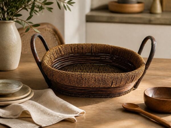 Hasır Sepet – Oval Çift Kulplu Tepsi 36 × 28 × 12 cm