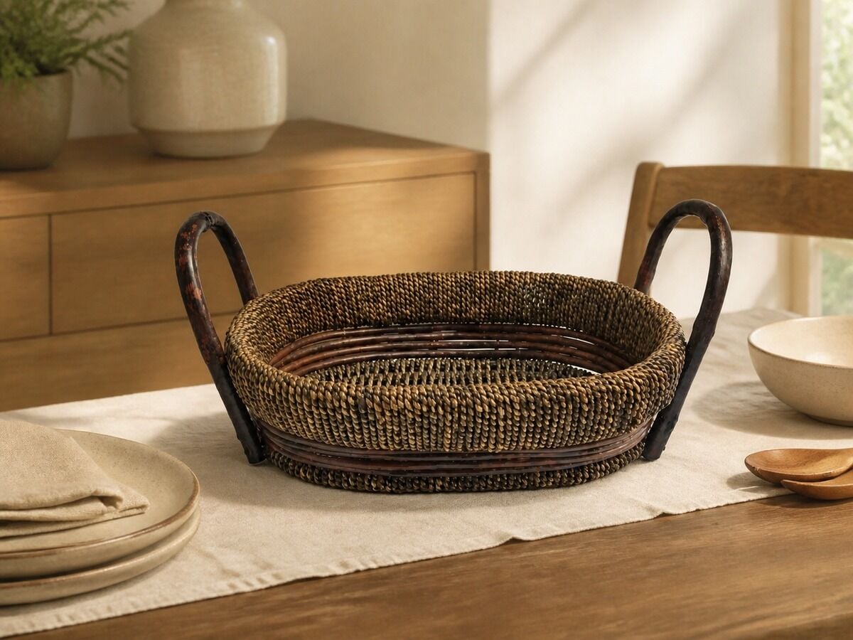 Hasır Sepet – Oval Çift Kulplu Tepsi 30 × 23 × 10 cm