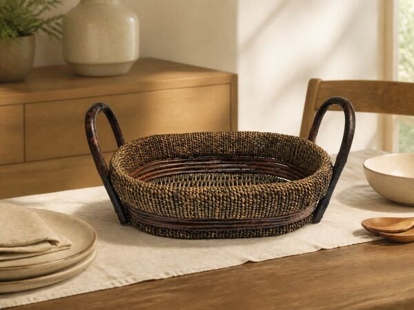 Hasır Sepet – Oval Çift Kulplu Tepsi 30 × 23 × 10 cm