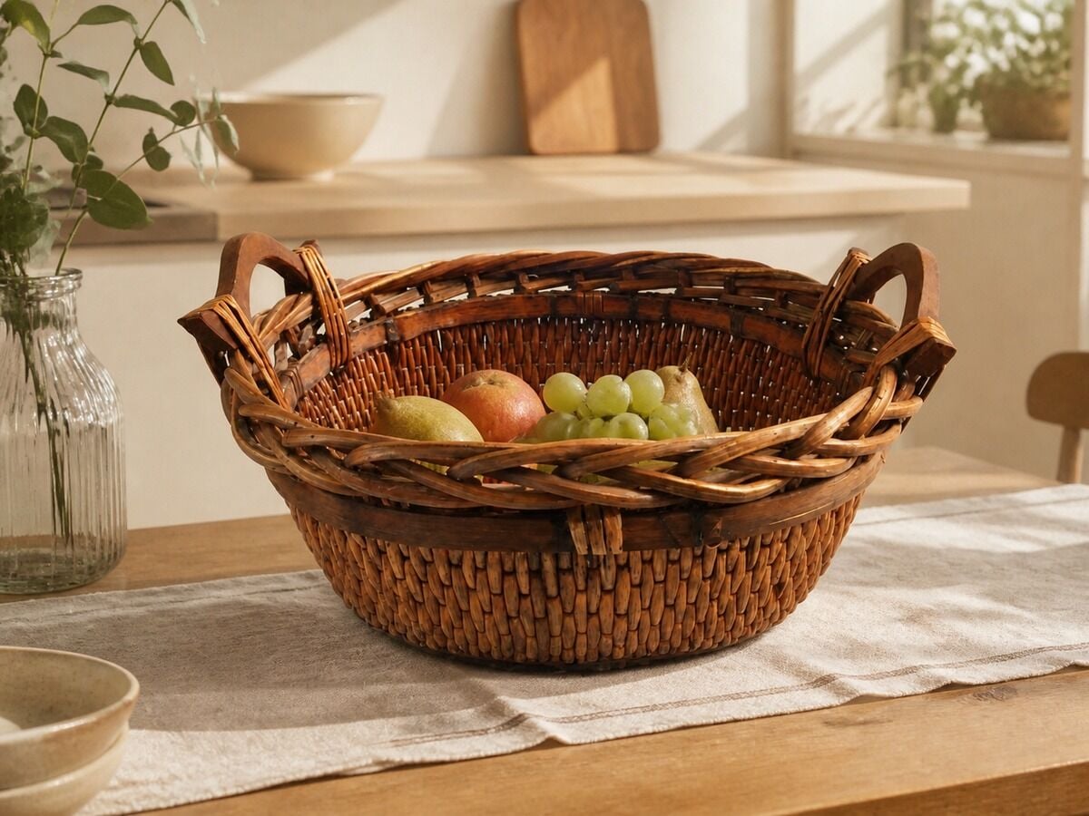 Hasır Sepet – Oval Ahşap Kulplu Düzenleyici 45 × 37 × 23 cm