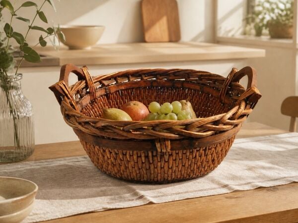 Hasır Sepet – Oval Ahşap Kulplu Düzenleyici 45 × 37 × 23 cm