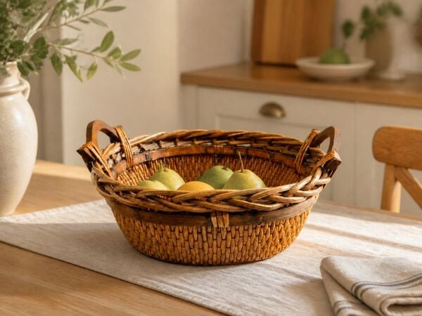 Hasır Sepet – Oval Ahşap Kulplu Düzenleyici 38 × 32 × 20 cm