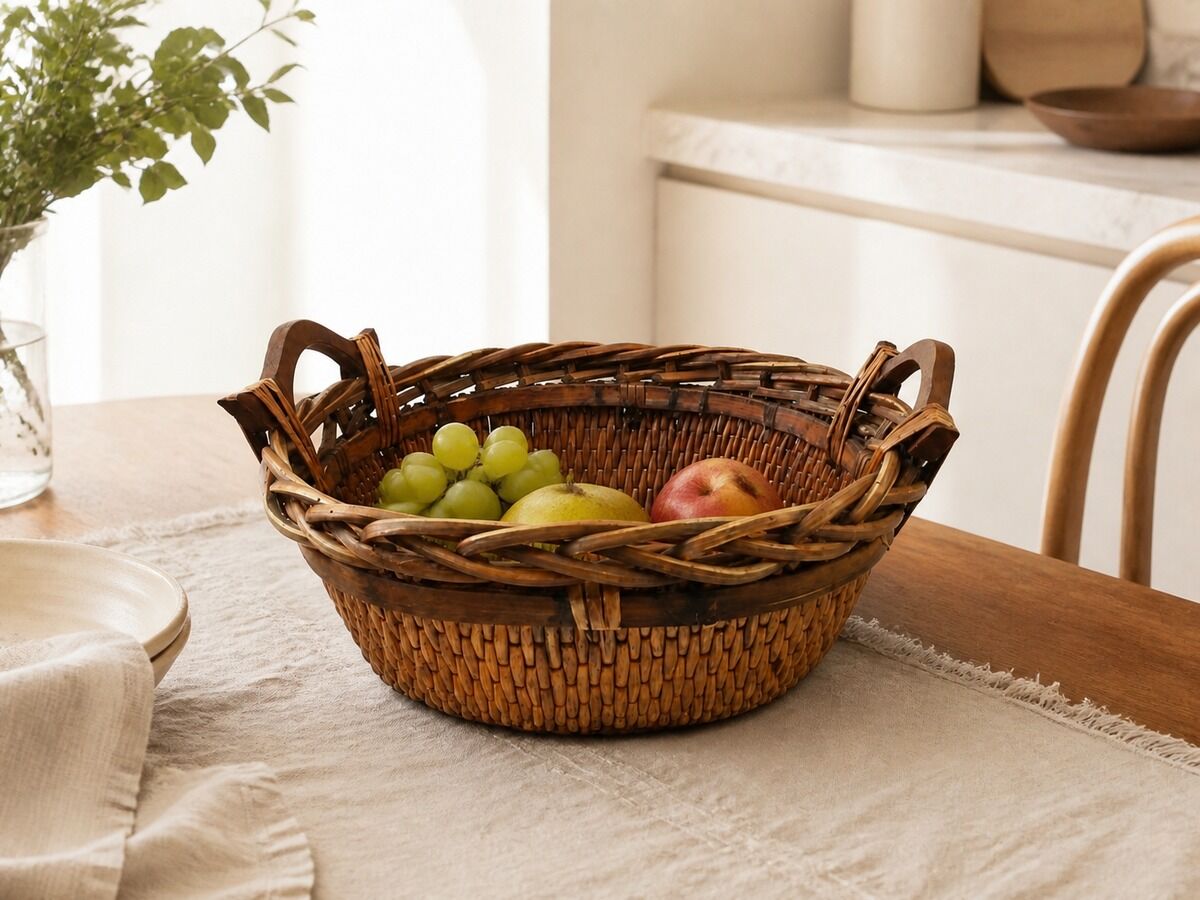 Hasır Sepet – Oval Ahşap Kulplu Düzenleyici 32 × 26 × 18 cm