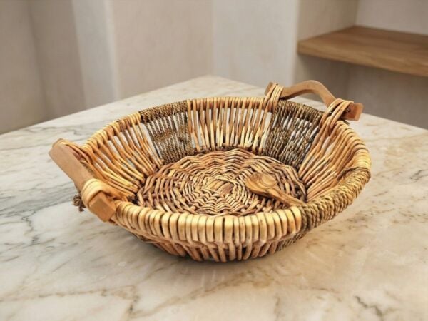 Ahşap Kulplu Dekoratif Hasır Sepet 40cm