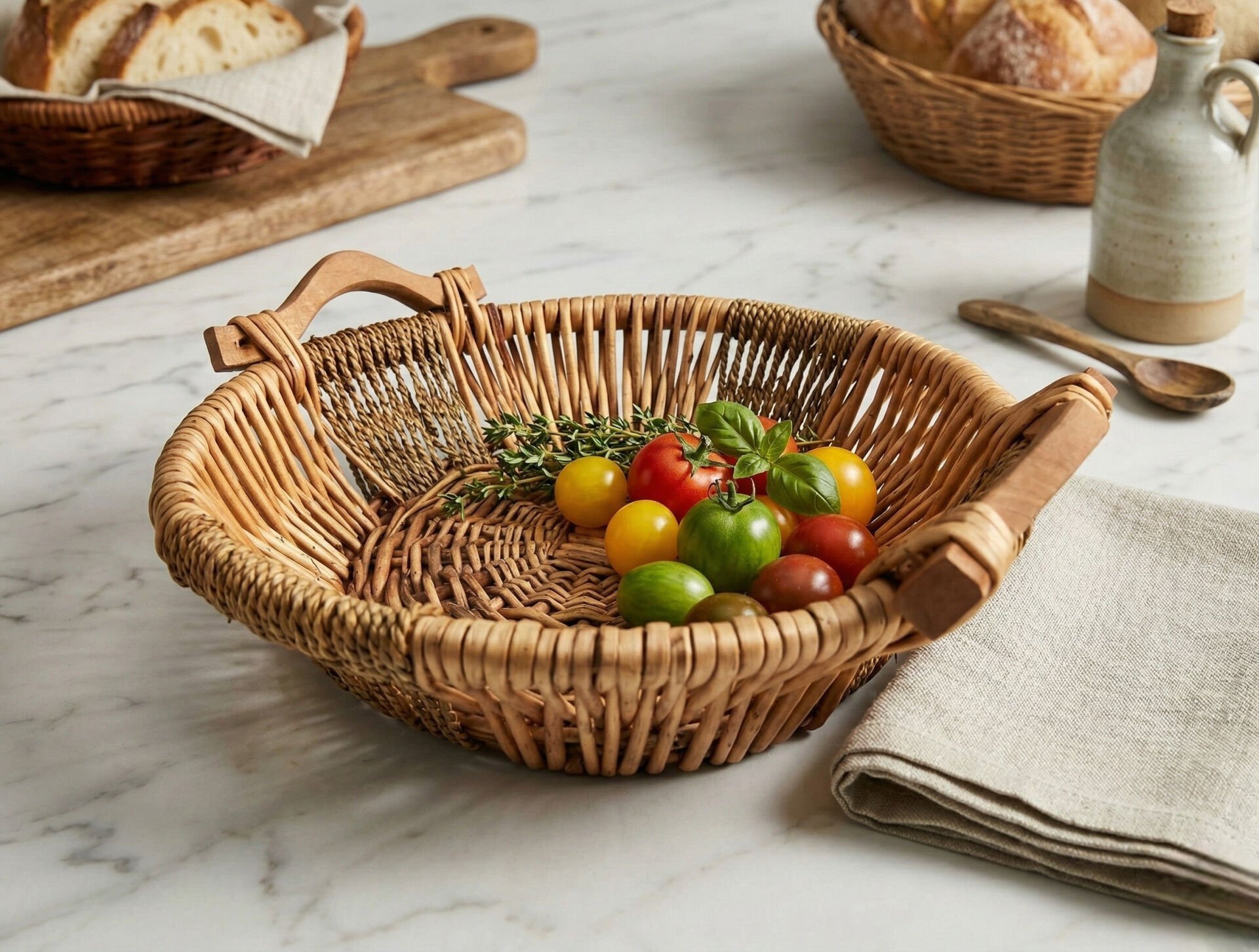 Ahşap Kulplu Dekoratif Hasır Sepet 30cm