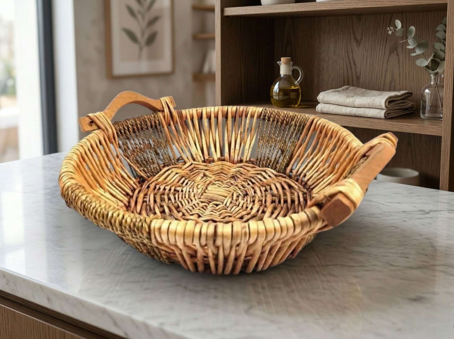 Ahşap Kulplu Dekoratif Hasır Sepet 23cm