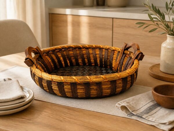 Hasır Sepet – Oval Ahşap Kulplu Tepsi 48 × 38 × 15 cm