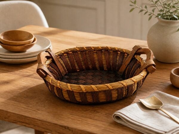 Hasır Sepet – Oval Ahşap Kulplu Tepsi 38 × 28 × 13 cm