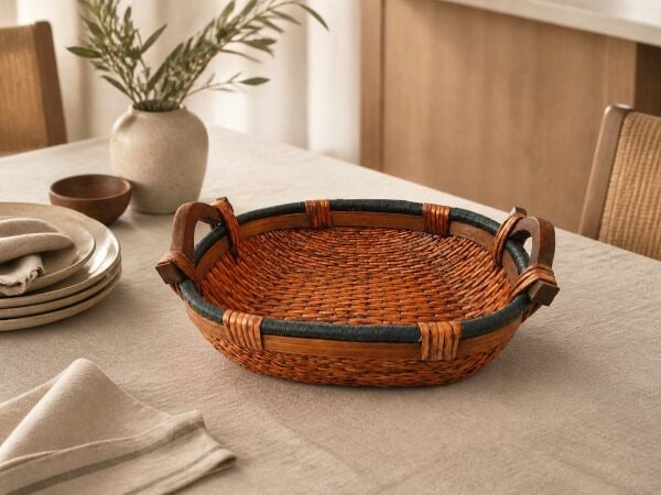 Hasır Sepet – Oval Ahşap Kulplu Yeşil Detaylı Tepsi 40 × 30 × 12 cm