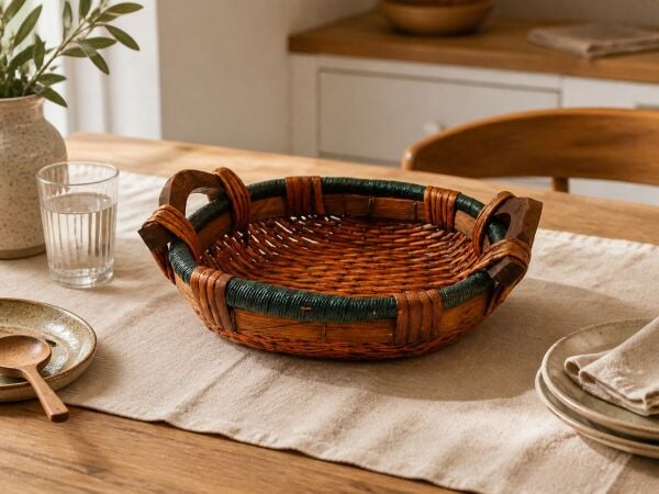 Hasır Sepet – Oval Ahşap Kulplu Yeşil Detaylı Tepsi 32 × 25 × 10 cm