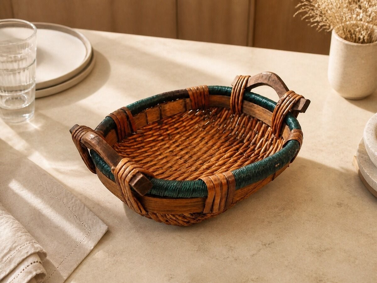 Hasır Sepet – Oval Ahşap Kulplu Yeşil Detaylı Tepsi 26 × 20 × 8 cm