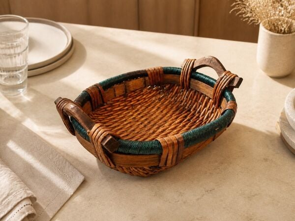 Hasır Sepet – Oval Ahşap Kulplu Yeşil Detaylı Tepsi 26 × 20 × 8 cm