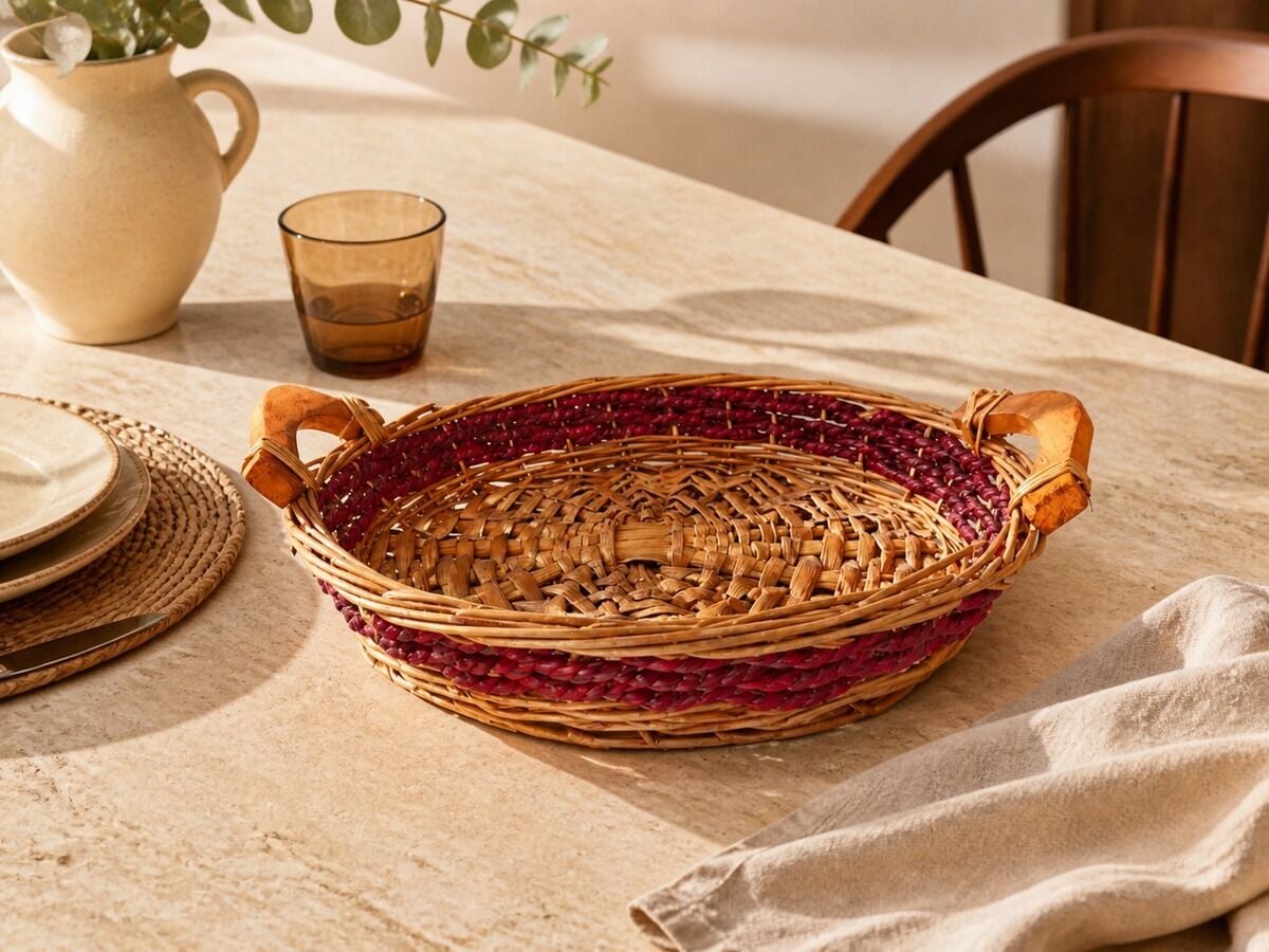 Hasır Sepet – Oval Bordo Detaylı Sunum Tepsisi 28 × 15 × 3,5 cm