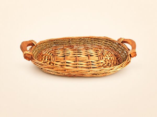 Hasır Sepet – Oval Ahşap Kulplu Sunum Sepeti 22 × 35 × 18,5 cm