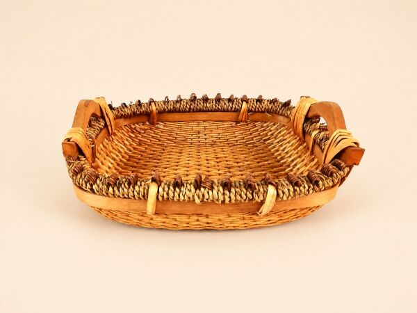 Hasır Sepet – Dikdörtgen Ahşap Kulplu Tepsi 41 × 32 × 9 cm