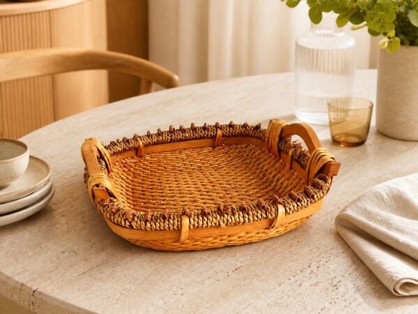 Hasır Sepet – Dikdörtgen Ahşap Kulplu Tepsi 41 × 32 × 9 cm